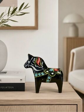 Vintage Nils Olsson Swedish Dala Horse Black Hand Painted Wood Folk Art  4”
